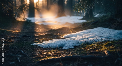 Golden hour light on melting snow and dripping icicles in a forest