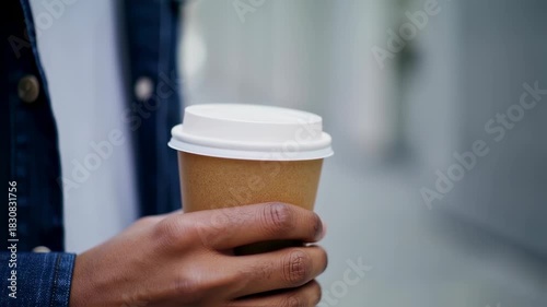 A person holds a disposable coffee cup