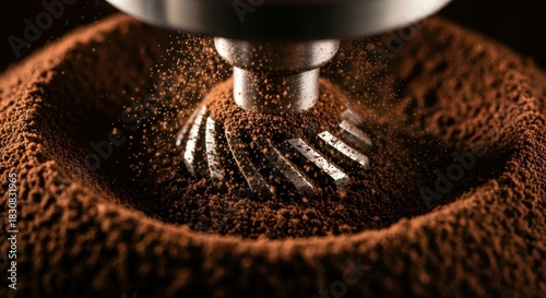 Close-up of fresh ground coffee being prepared in a coffee grinder.