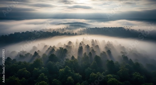 Stunning aerial view of sun rays piercing through a misty forest at sunrise.