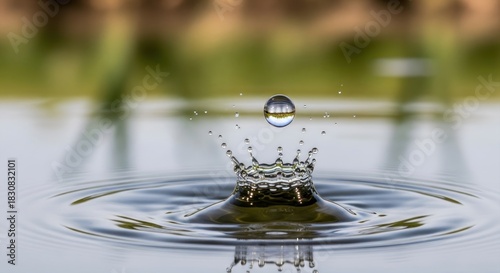Close-up of a water drop creating a perfect crown splash with a reflected landscape.