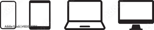 Silhouette device icons showing smartphone, tablet, laptop and desktop for tech and UI design.