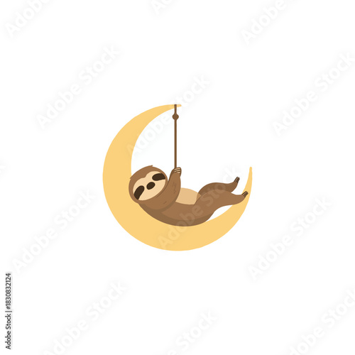 Adorable sloth character enjoying restful slumber suspended on crescent moon swing illustration