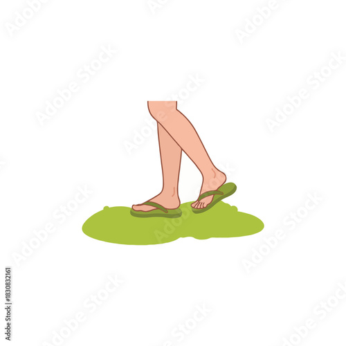 Barefoot wanderer in green flip flops embracing simplicity and peace on a grassy mound enjoying
