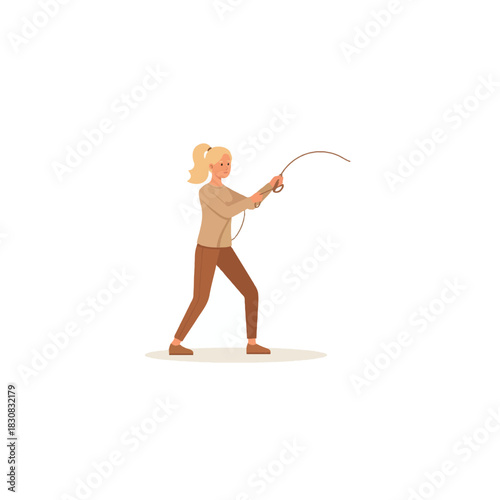 Blond woman prepares to cast a fishing line illustration demonstrating patience and sport in a