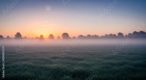 Misty Sunrise over a Tranquil Field with Silhouetted Trees