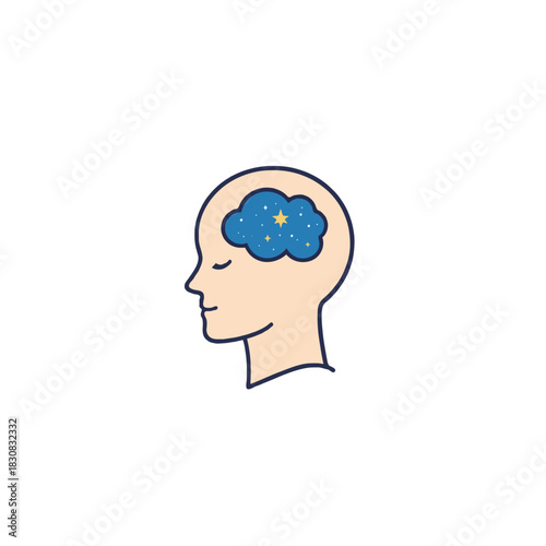 Concept of serene thoughts with starlight within an individual's imagination illuminating mental