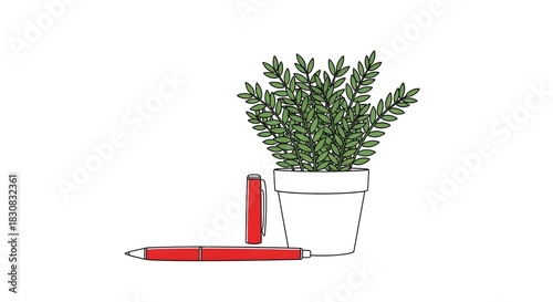 Minimalist illustration of a potted plant and a red pen.