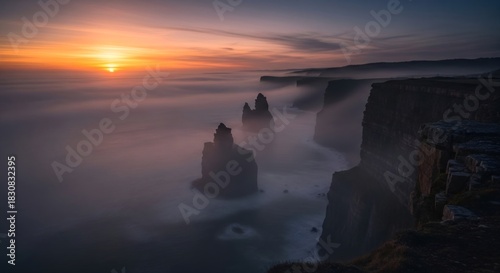 Dramatic coastal landscape with sea stacks at sunset shrouded in ethereal fog.