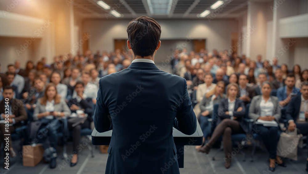 Fototapeta premium Male presenter speaking to an attentive crowd of business professionals at an event