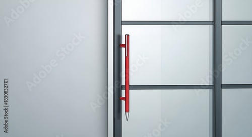 Sleek glass door with a vibrant red handle in a contemporary setting.