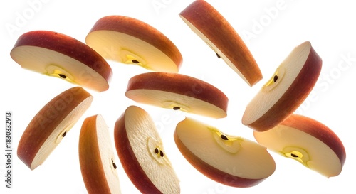 Bright red apple slices falling against a clean white background.