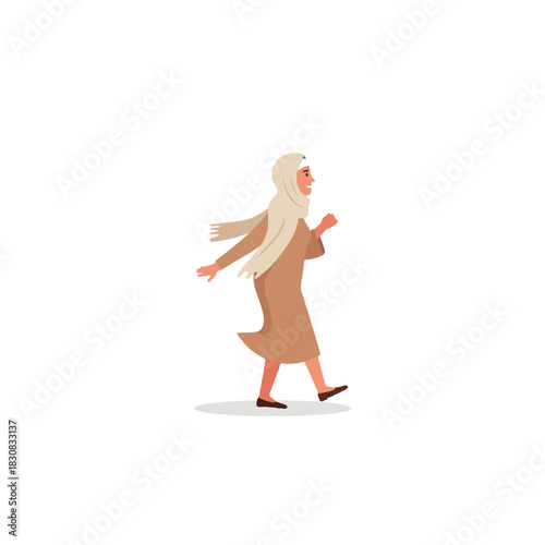 Muslim woman walking elegantly wearing hijab and modest clothing exhibiting confidence on a bright