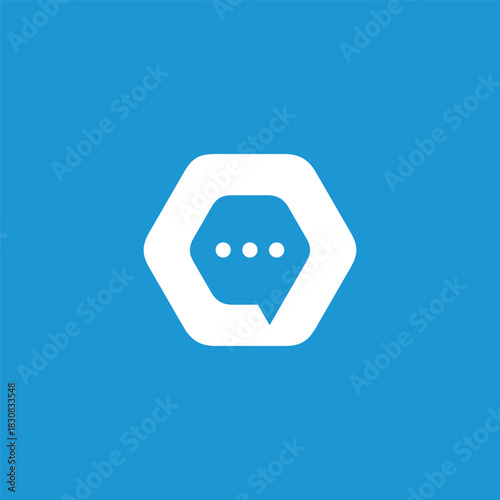 Modern abstract geometric icon white speech bubble with ellipsis inside a hexagon on blue. Symbolizes digital communication, online chat, and messaging