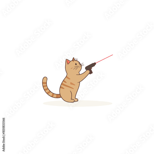 Whimsical feline adventure: A cute tabby cat mischievously plays with a toy gun that shoots a red
