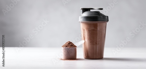 The protein shaker bottle and chocolate powder scoop on bright minimalist background