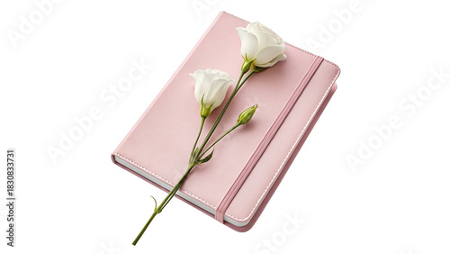 Pink notebook with a white eustoma flower isolated on a transparent background