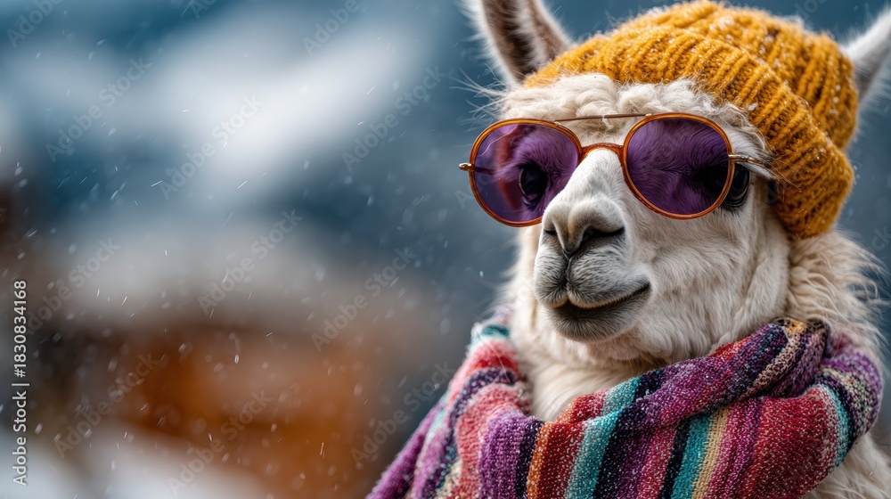 Fototapeta premium A stylish llama wearing sunglasses and a colorful scarf, standing out against a snowy backdrop, showcasing a playful and humorous side of animal photography.