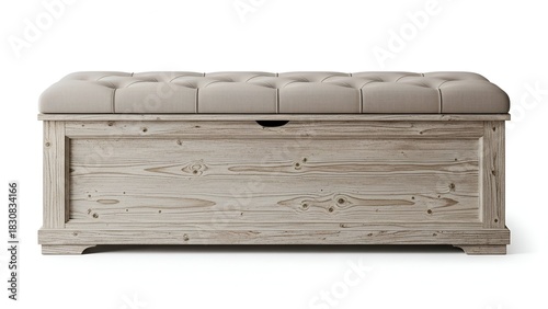 Wooden storage chest with tufted beige cushion top, viewed from the front