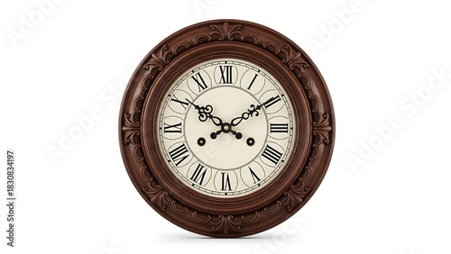Ornate round brown clock with Roman numerals, black hands, and decorative wood frame