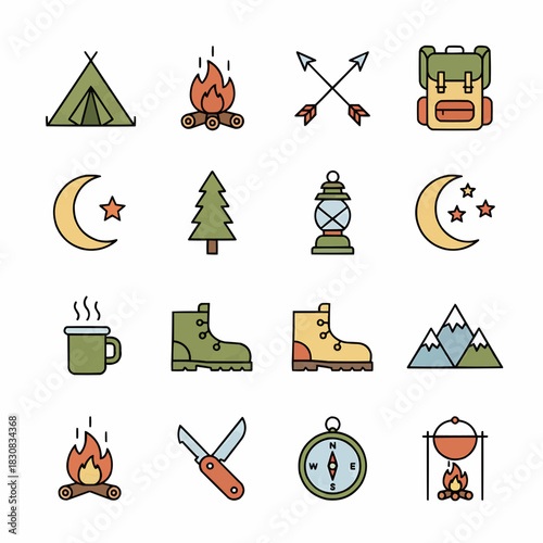 Camping and Outdoor Adventure Icons Set Flat Design Collection