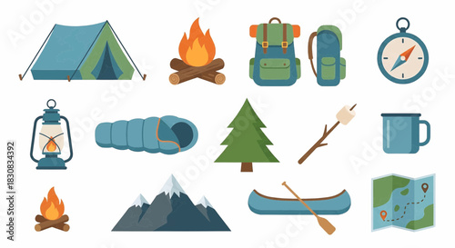 Set of Camping and Outdoor Adventure Equipment Icons for Nature Travel