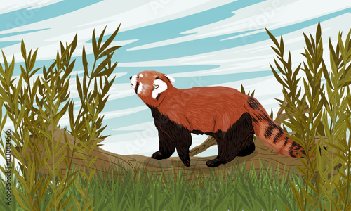 A red panda walks along a tree log and looks up. Lesser panda from the eastern Himalayas and southwestern China. Realistic vector landscape.