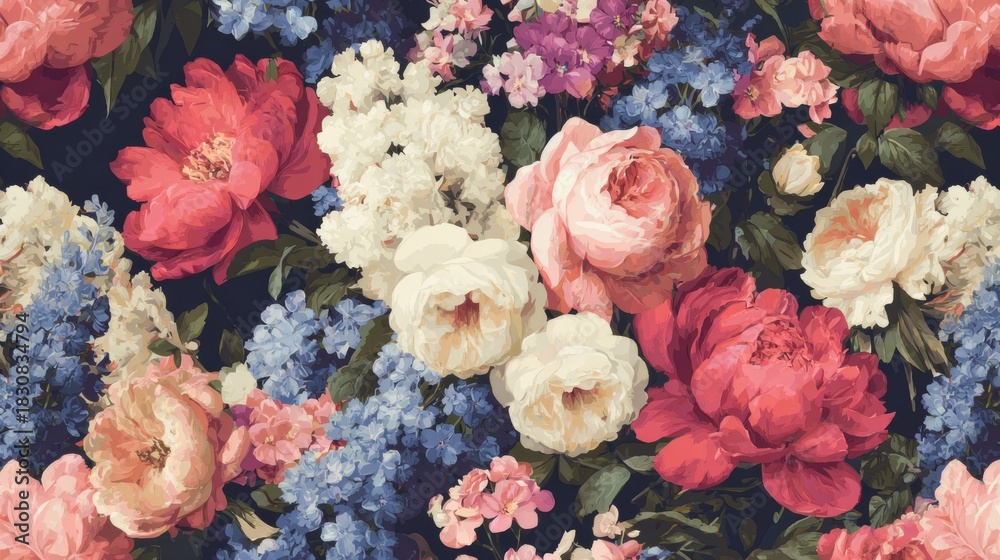 Obraz premium Bright floral arrangement featuring peonies and other blossoms in spring colors
