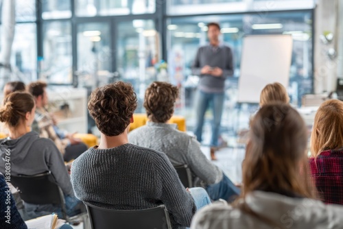 Wallpaper Mural Audience listens to a speaker in a bright modern presentation room. Torontodigital.ca