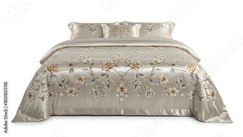 Luxurious bed set featuring an ivory satin comforter & pillows with floral embroidery