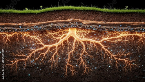 Underground section with glowing roots and soil