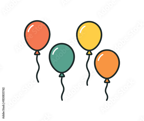 Flat vector illustration 4 celebration balloons with strings rounded shapes clean outline