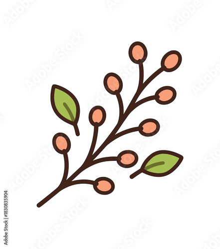 Flat vector illustration of spring branch with tiny buds and two small leaves rounded shapes clean outline