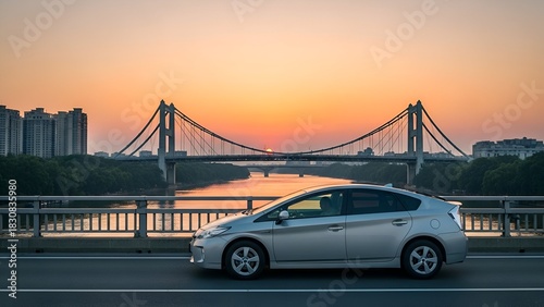 Silver hybrid car driving on a bridge at sunset, with a river and city skyline in the background