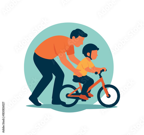 Flat vector illustration of parent teaching child to ride bicycle rounded silhouettes clean vector