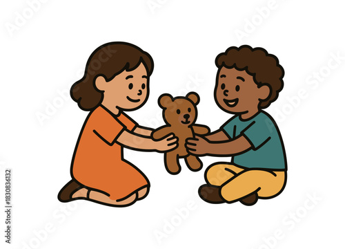 Flat vector illustration of siblings sharing toy rounded silhouettes clean outline