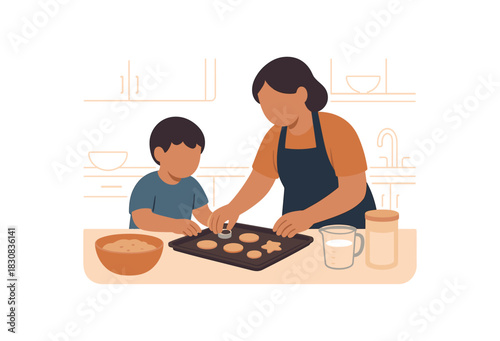 Flat vector illustration of parent and child baking cookies rounded silhouettes clean kitchen scene outline