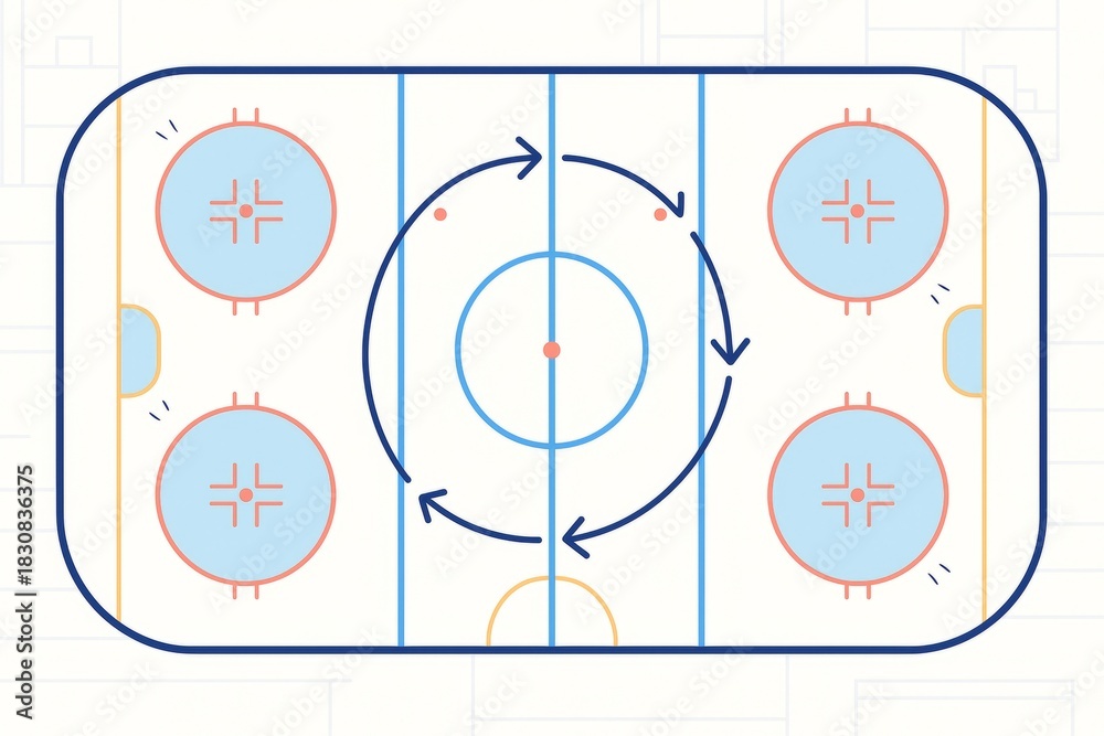 Fototapeta premium Ice hockey rink diagram with arrows showing skating drill concept on a white background in minimalist line art style. Ai generative. Ai generative