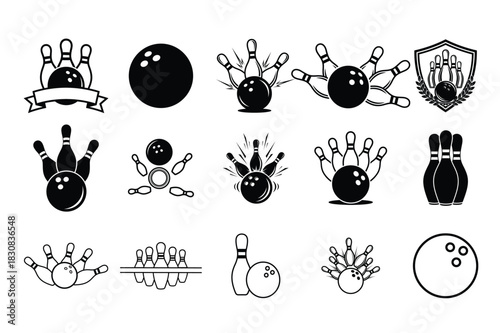 Black and White Bowling Icons Set – Bowling Balls, Pins, Strikes, Frames, and Sports Symbols Collection