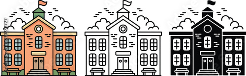 School building silhouette & Outline and illustration set isolated on transparent background