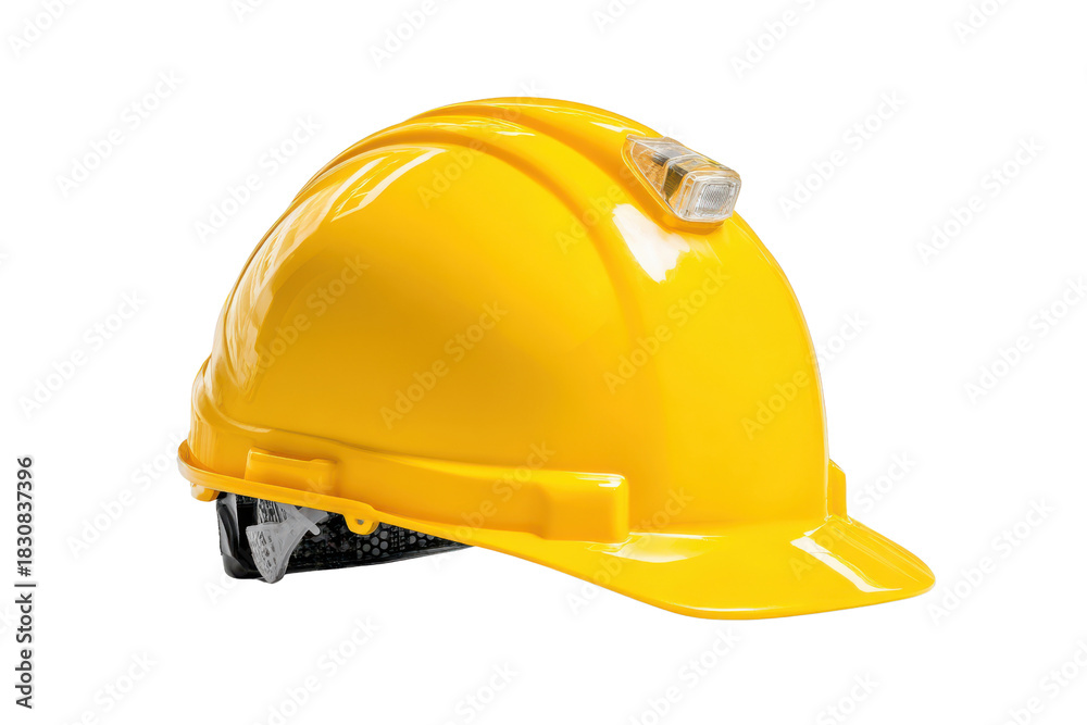 Fototapeta premium Yellow hard hat with integrated L E D light on black background hardhat helmet, Isolated On Transparent Background, Png Cut Out