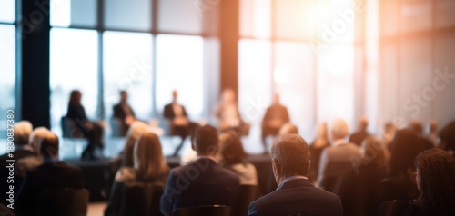 The audience at a professional business conference listening to panel speakers on stage