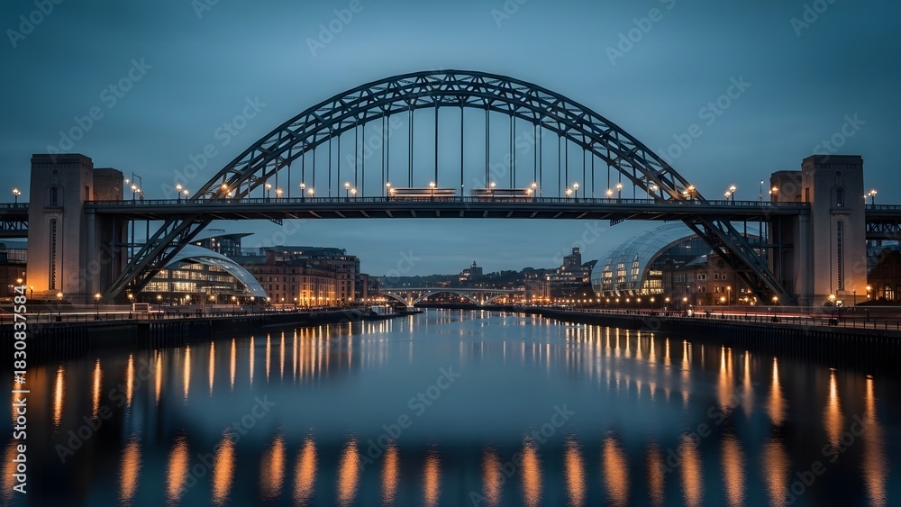 Naklejka premium Twilight view of Tyne Bridge with city lights reflections and Sage Gateshead concert hall