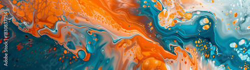 Abstract painting in orange and blue tones.