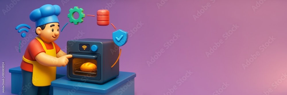Obraz premium Smart kitchen technology concept with cartoon chef using Wi-Fi enabled oven, futuristic UI icons, and purple background with copyspace. Ai generative