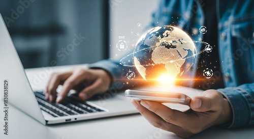 Dynamic global business connection with laptop and smartphone showcasing innovative technology and worldwide reach for international success and collaboration