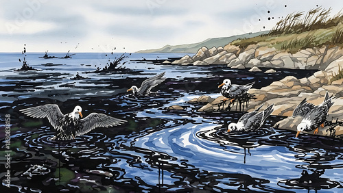 Watercolor illustration of an oil spill in a river estuary area