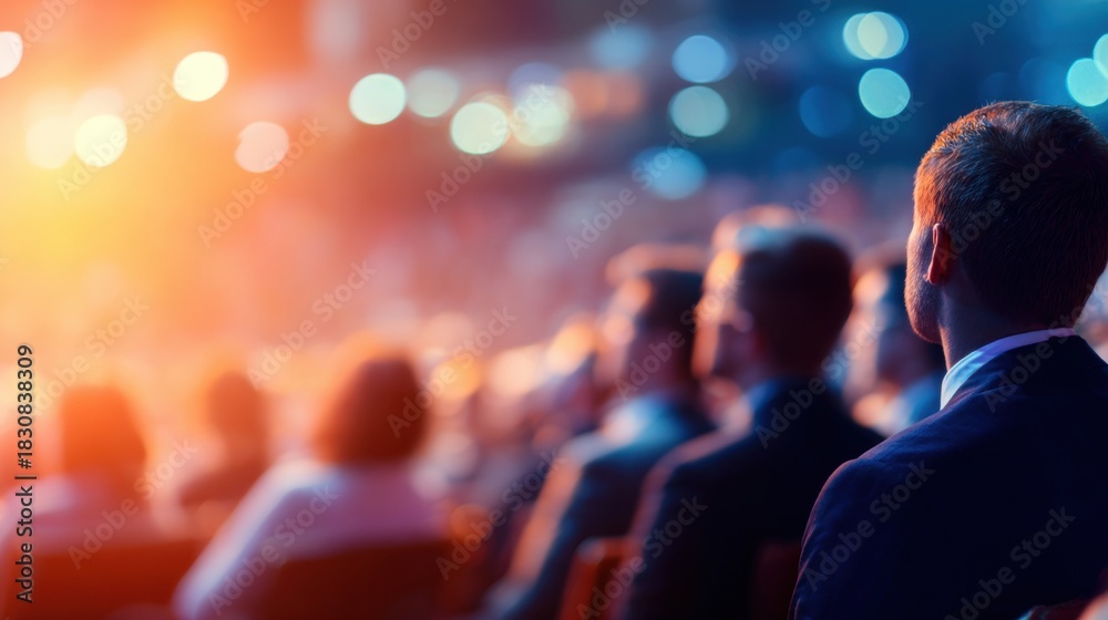 Naklejka premium Audience observes speaker during conference presentation at evening event
