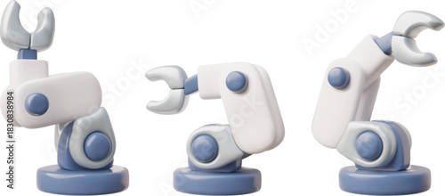 3D robotic arms, white and gray, in different positions and directions.