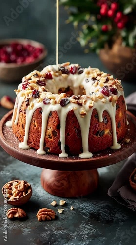 Holiday fruit cake with nuts and glaze, detailed food photography